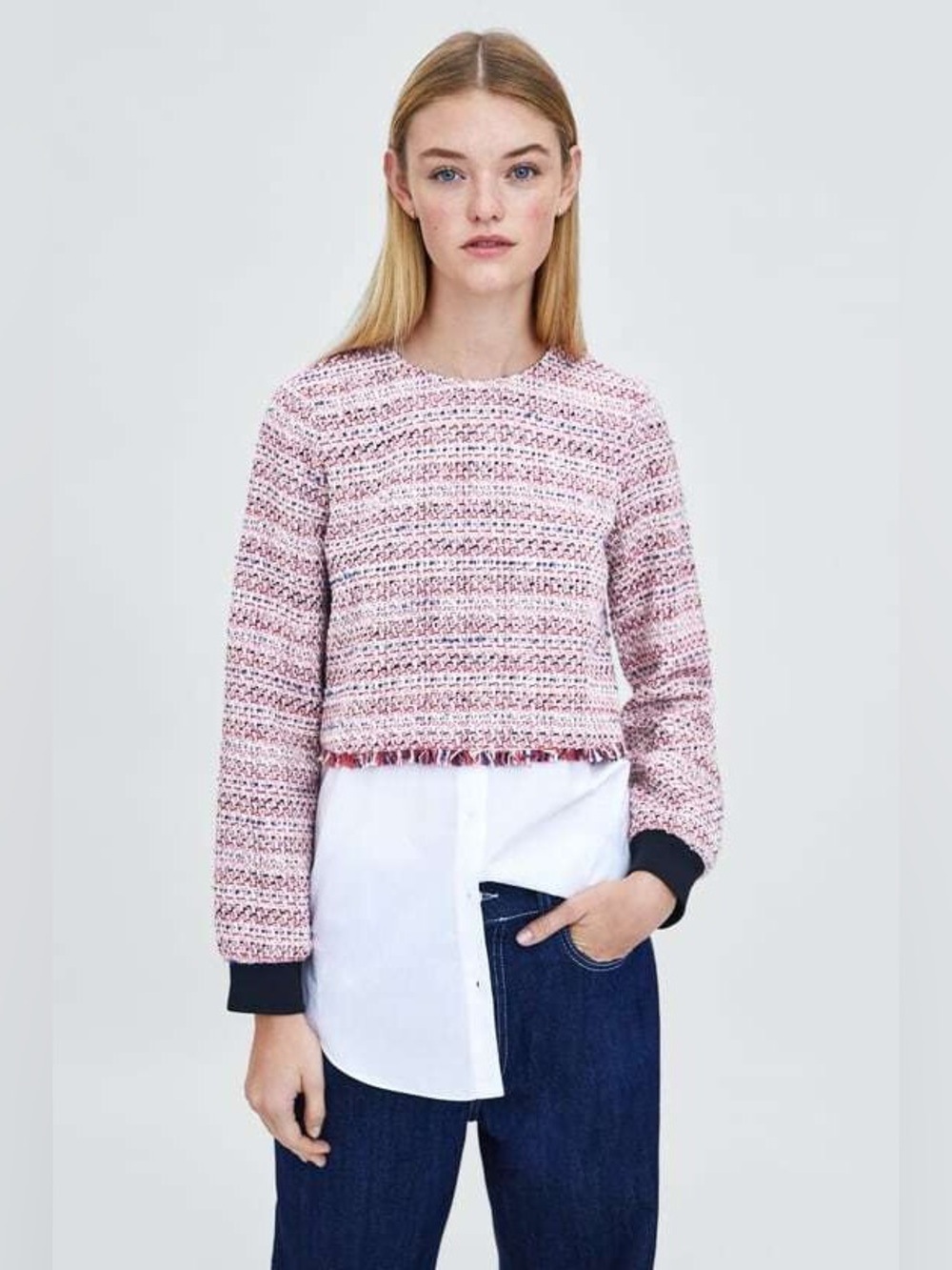 Zara TRF Tweed Mixed Media Cotton Chanel Knit Blouse